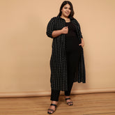 Black Linear Printed Cotton Kurta Shrug