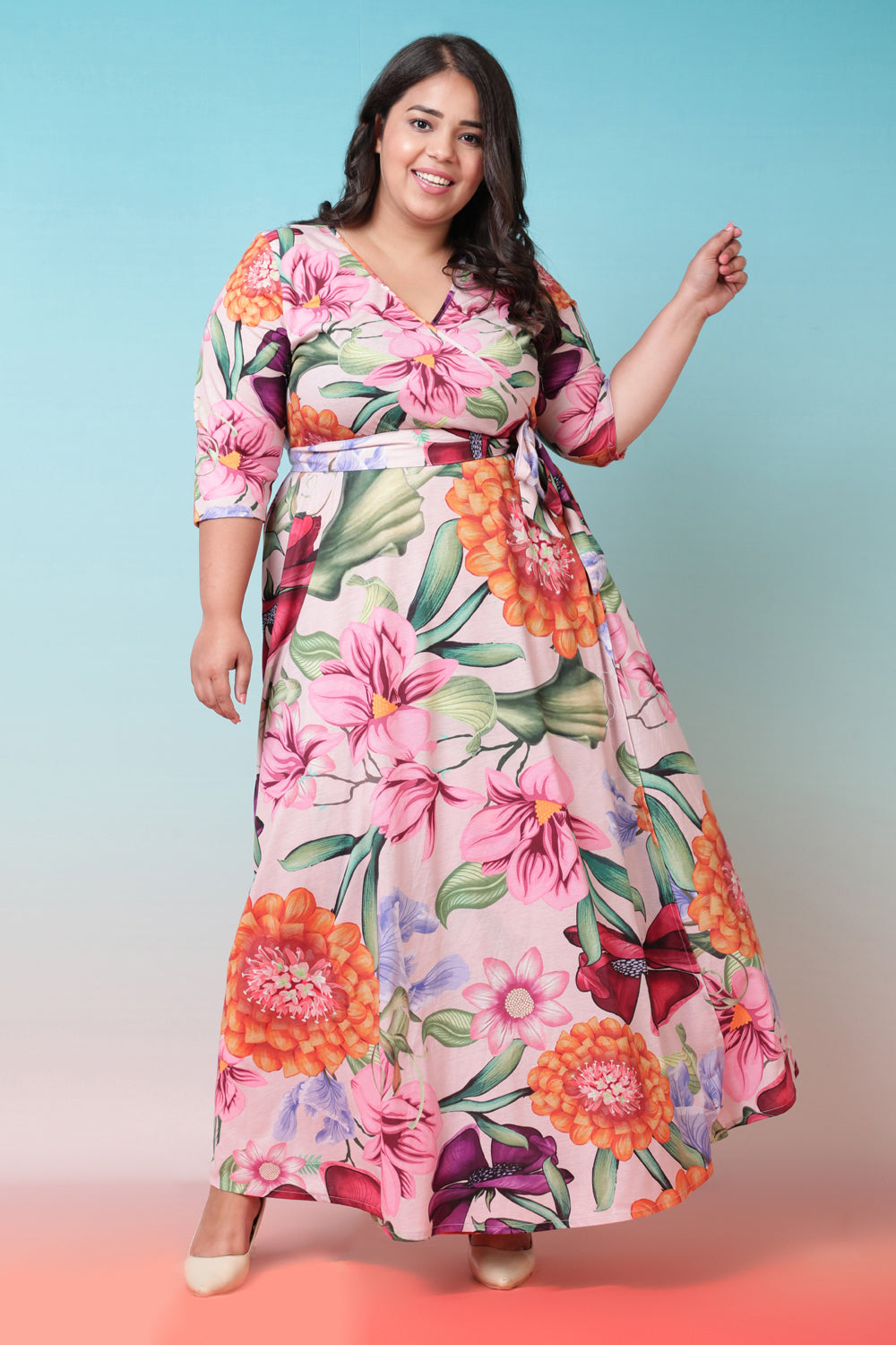 Florals in Peaches True Wrap Maxi Dress