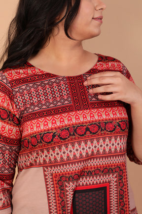 Beige Red Scraf Printed Kurti