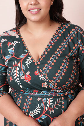Green Ethnic Printed True Wrap Dress