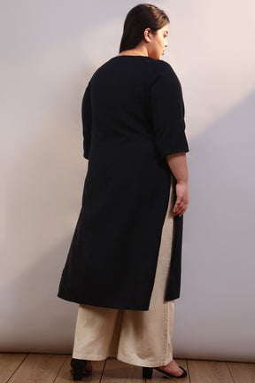 Black Cotton Linen V Neck Centre Pleat Kurti