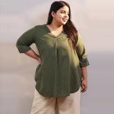 Olive Cotton Linen Centre Pleat Top