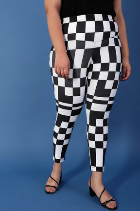 Racer Checkered Tummy Shaper printed Leggings