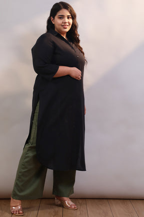 Plus Size Black Cotton Linen Collar Kurta