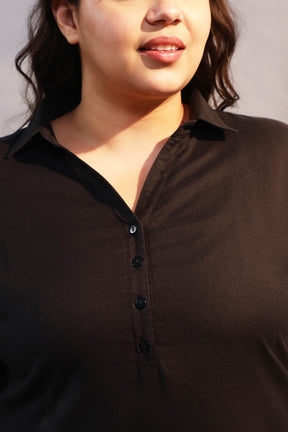 Plus Size Black Cotton Linen Collar Kurta