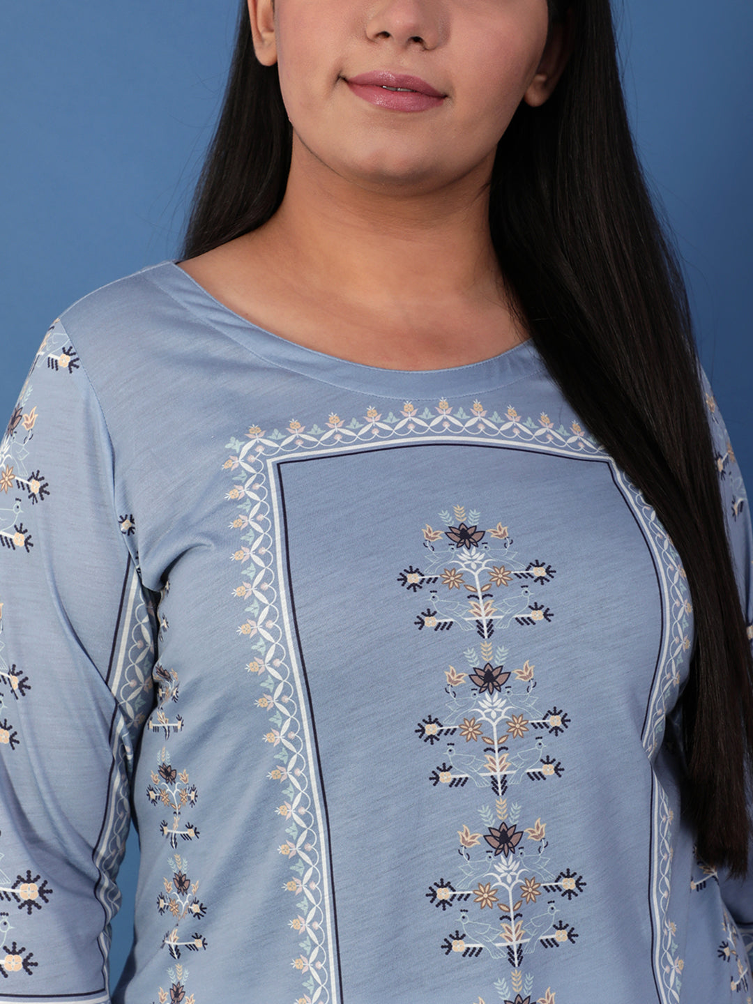 Spring Blue Ethnic Printed Kurti for Women