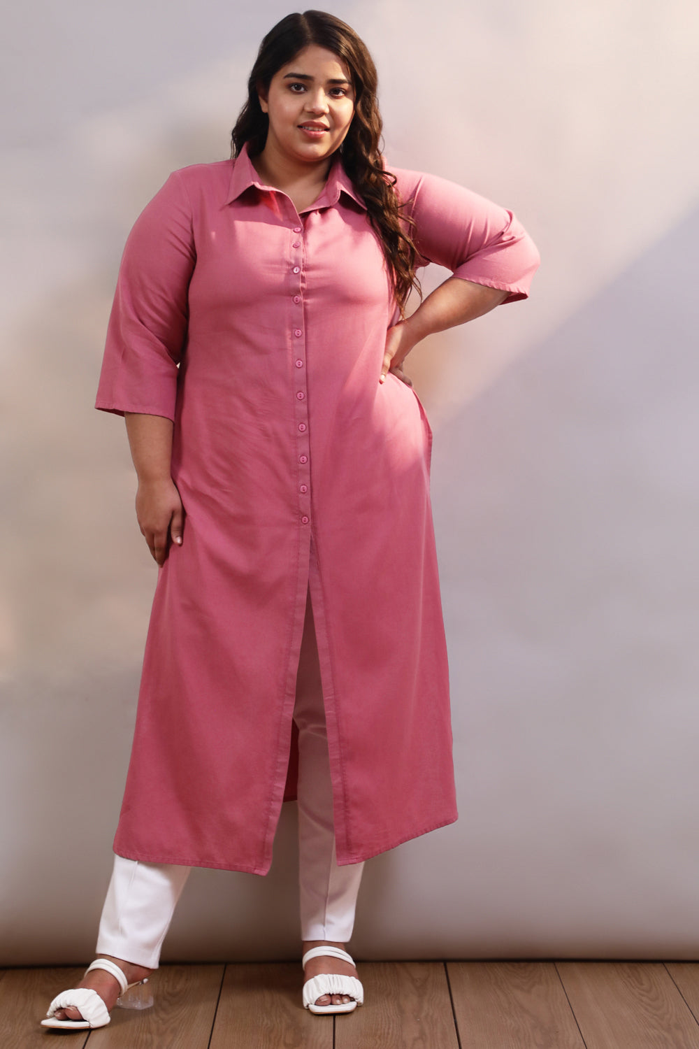 Buy Plus Size Pink Cotton Linen Kurta Shrug