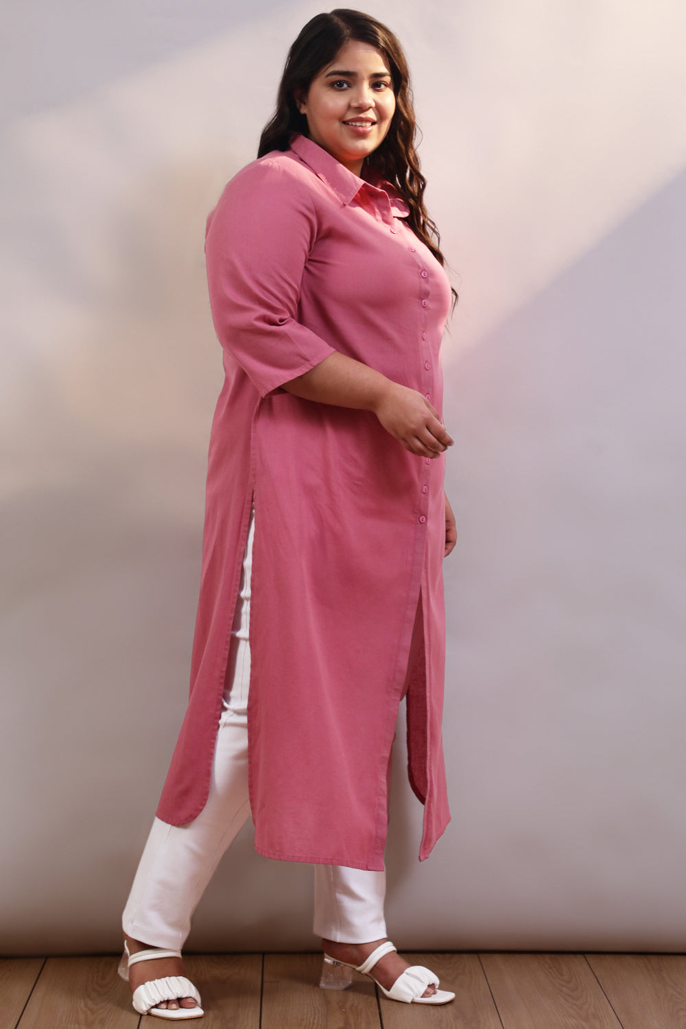 Plus Size Plus Size Pink Cotton Linen Kurta Shrug