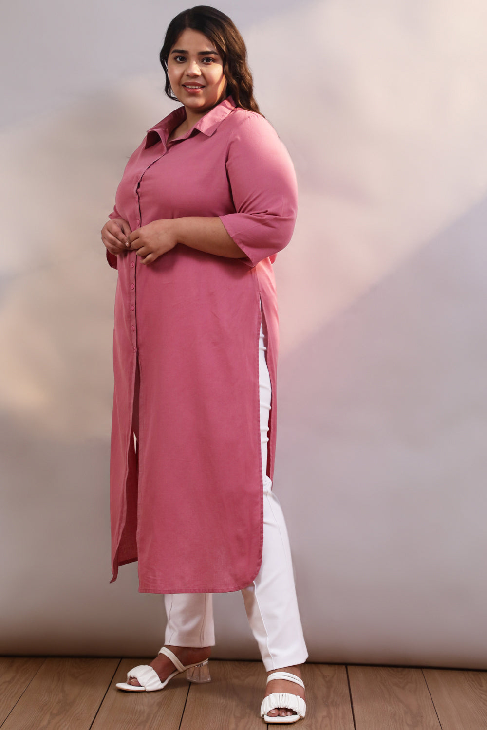 Plus Size Pink Cotton Linen Kurta Shrug for Women