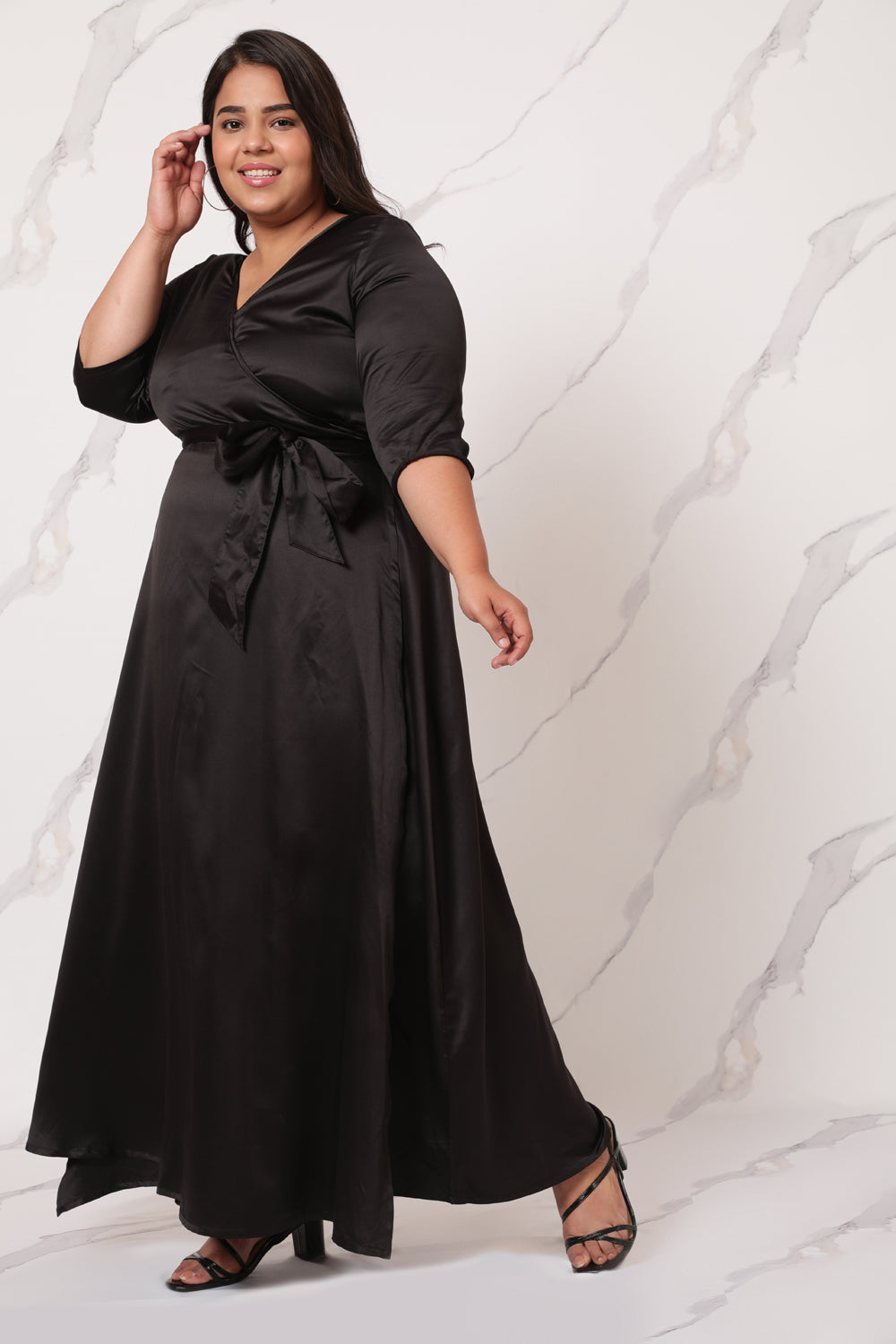 Comfortable Black Satin Cocktail Wrap Dress