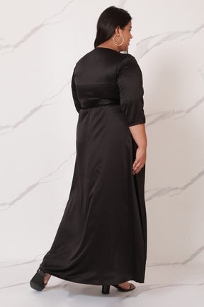 Black Satin Cocktail Wrap Dress