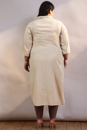 Plus Size Cream Cotton Linen Collar Kurta