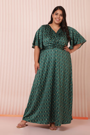 Green Motifs Satin Knot Dress