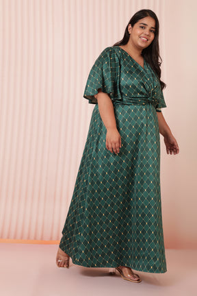 Green Motifs Satin Knot Dress