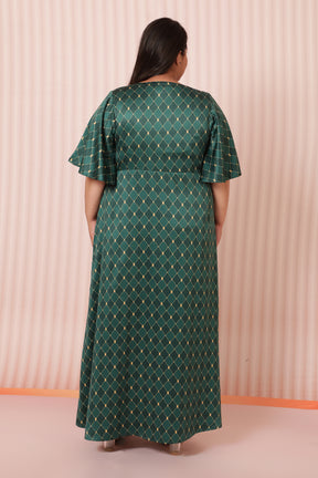 Green Motifs Satin Knot Dress
