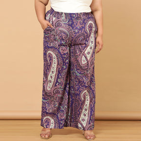 Purple Paisley Print Cotton High Waist Pants