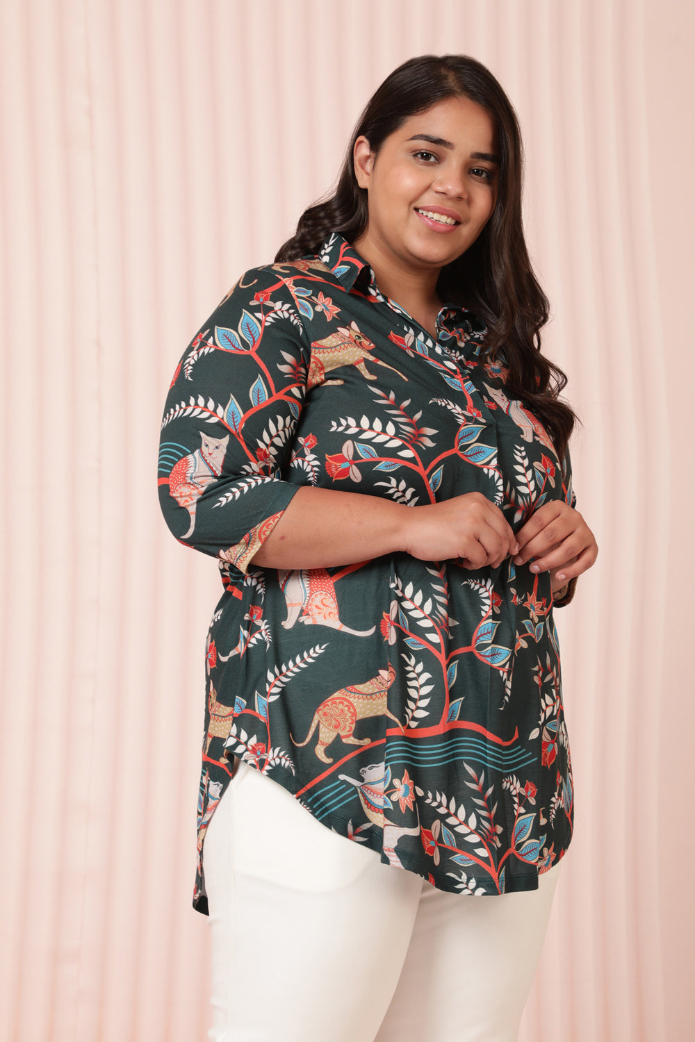 Plus Size Green Ethnic Printed Centre Pleat Top