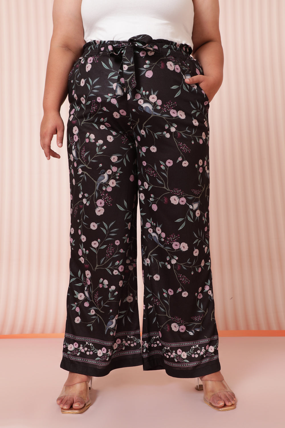 Buy Black Floral Luxe High Waist Pants