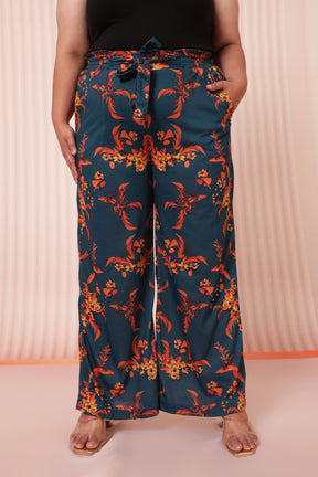 Teal Red Floral High Waist Pants