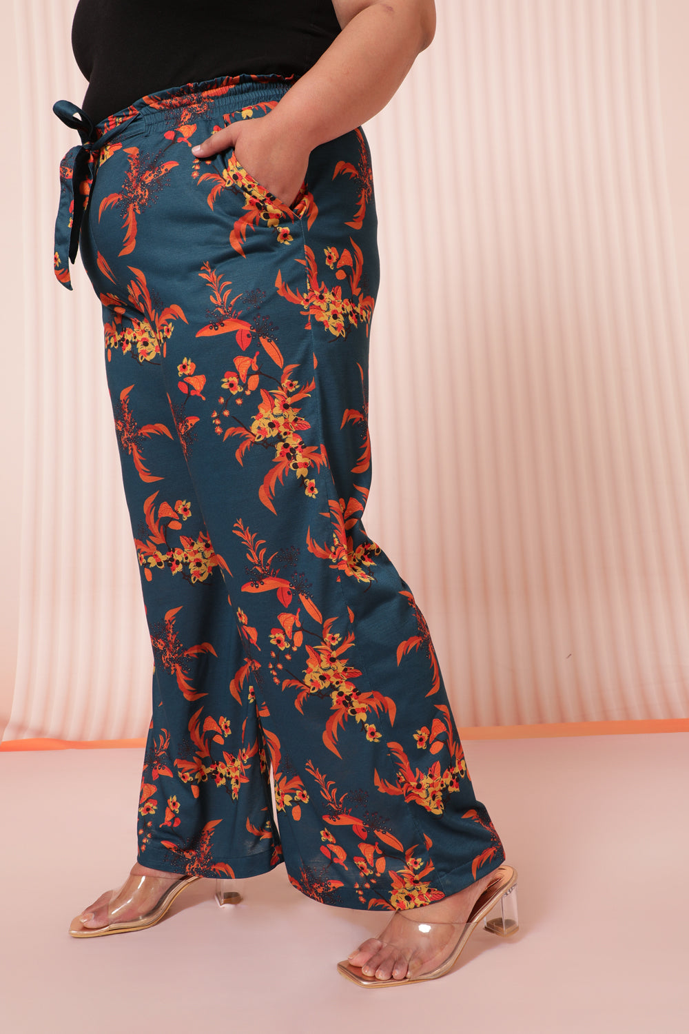 Plus Size Teal Red Floral High Waist Pants
