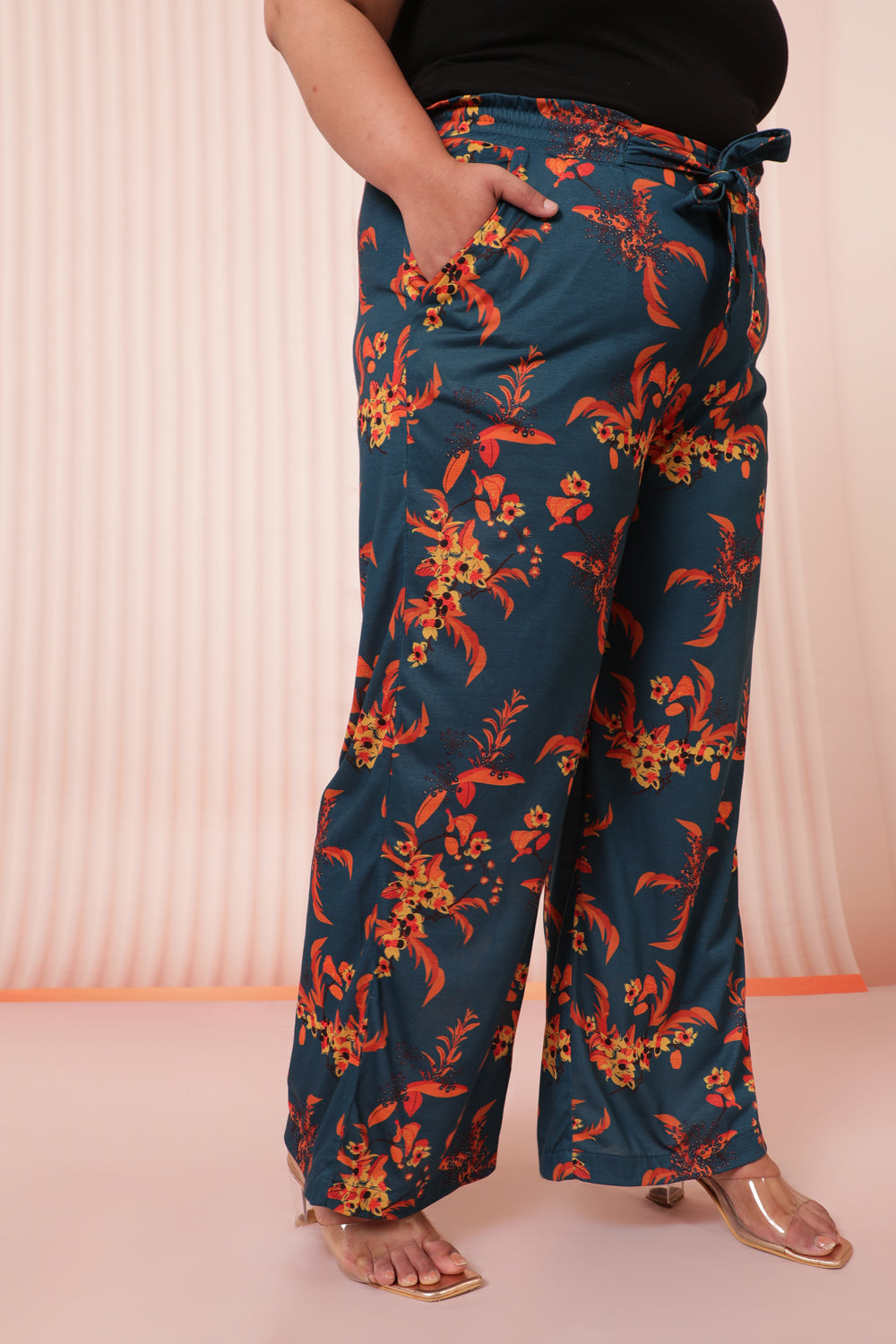 Teal Red Floral High Waist Pants for Women