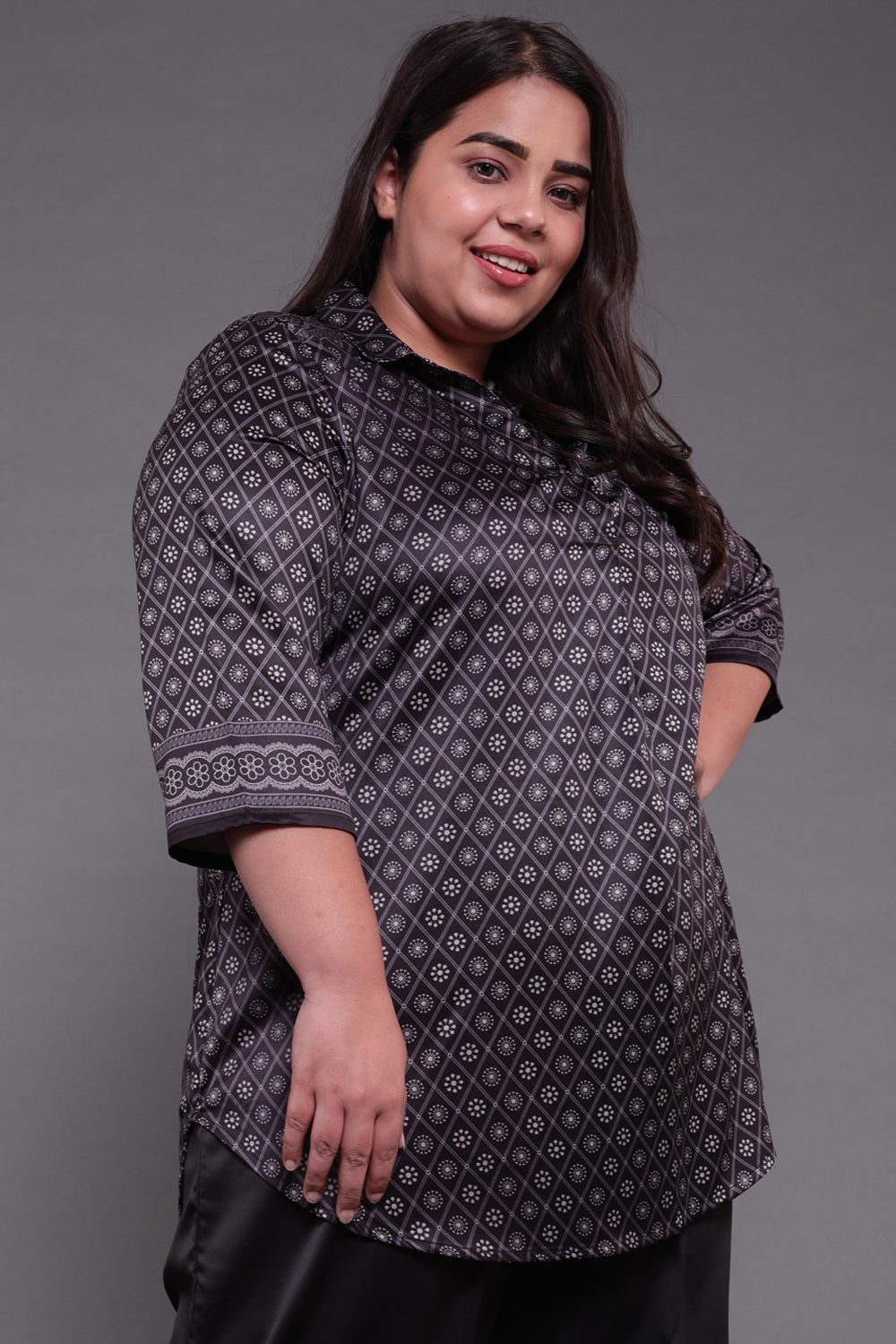 Black Ethnic Printed Centre Pleat Satin Top