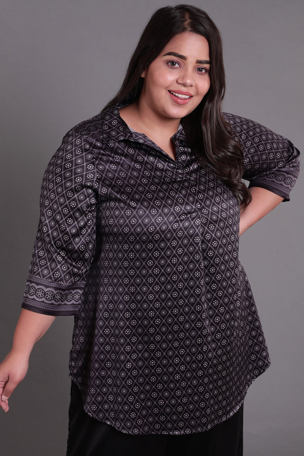 Black Ethnic Printed Centre Pleat Satin Top
