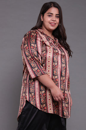 Beige Ethnic Centre Pleat Satin Top
