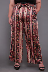 Beige Ethnic Print High Waist Satin Pants