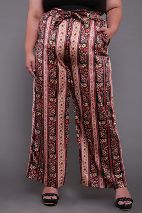 Beige Ethnic Print High Waist Satin Pants