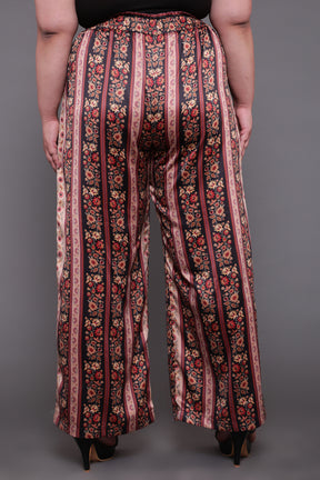 Beige Ethnic Print High Waist Satin Pants