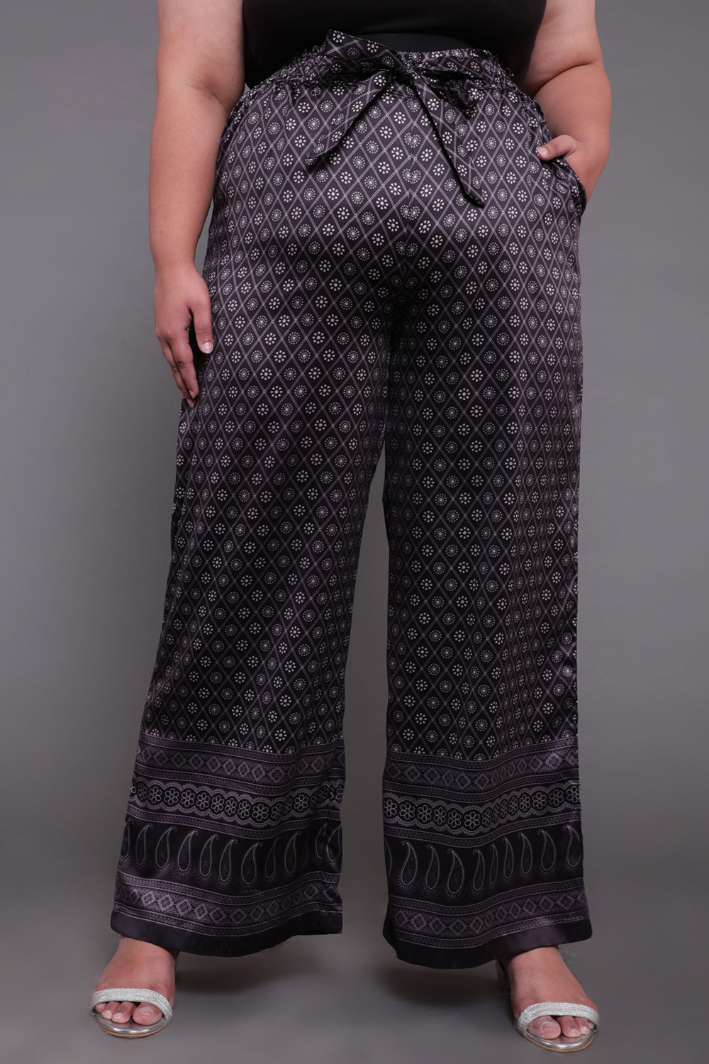 Plus Size Black Luxe Ethnic Print High Waist Satin Pants
