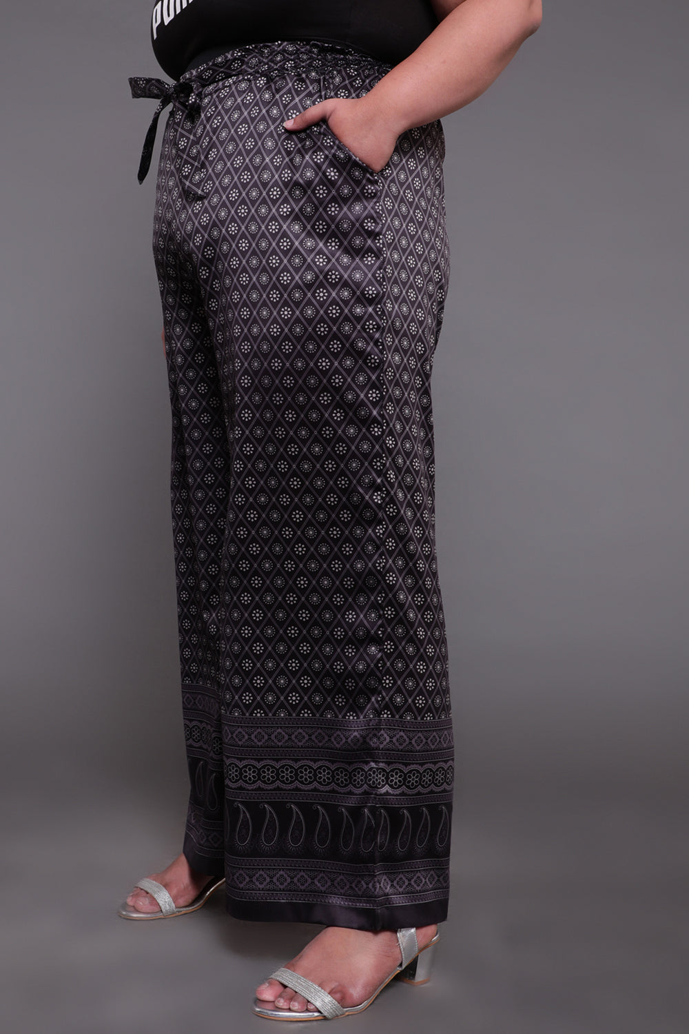 Black Luxe Ethnic Print High Waist Satin Pants for Women