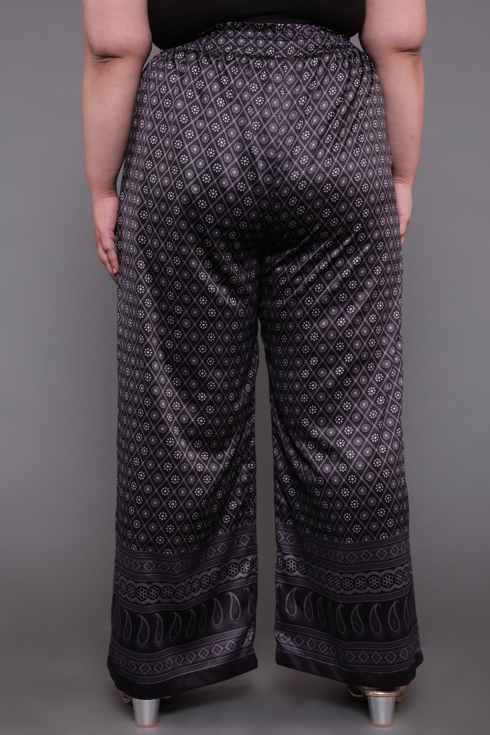 Black Luxe Ethnic Print High Waist Satin Pants