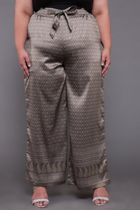 Luxe Green Ethnic Printed High Waist Satin Pants