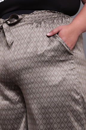Luxe Green Ethnic Printed High Waist Satin Pants