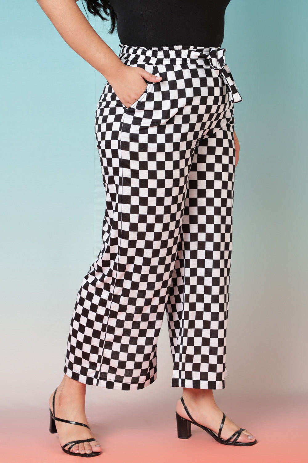Racer Checkered High Waist Pants for Women