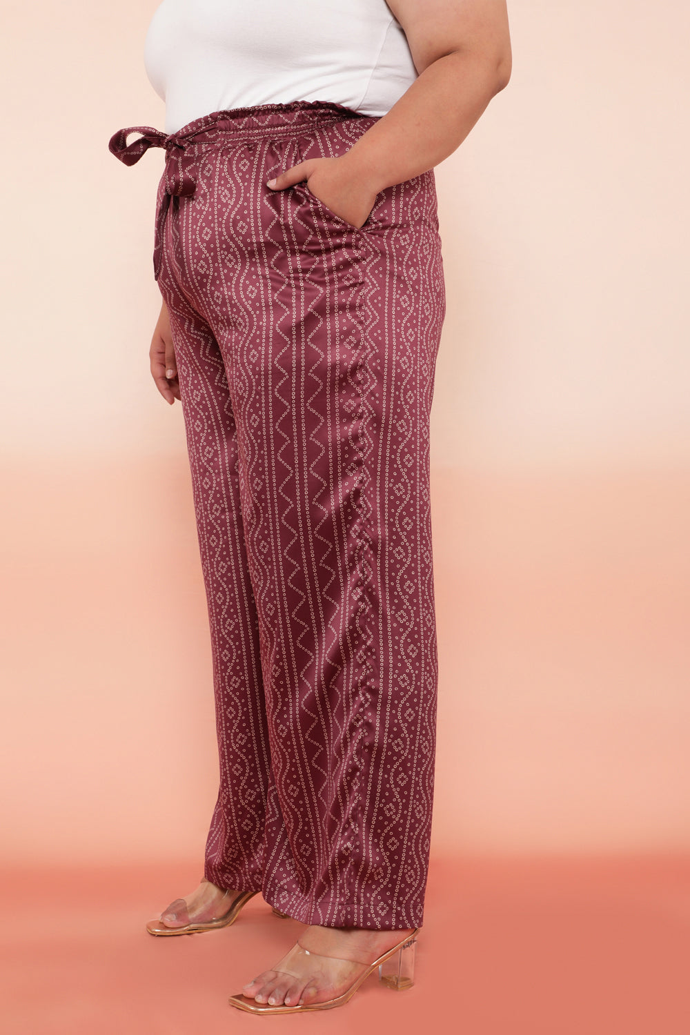 Purple Bandhej Inspired High Waist Satin Pants for Women