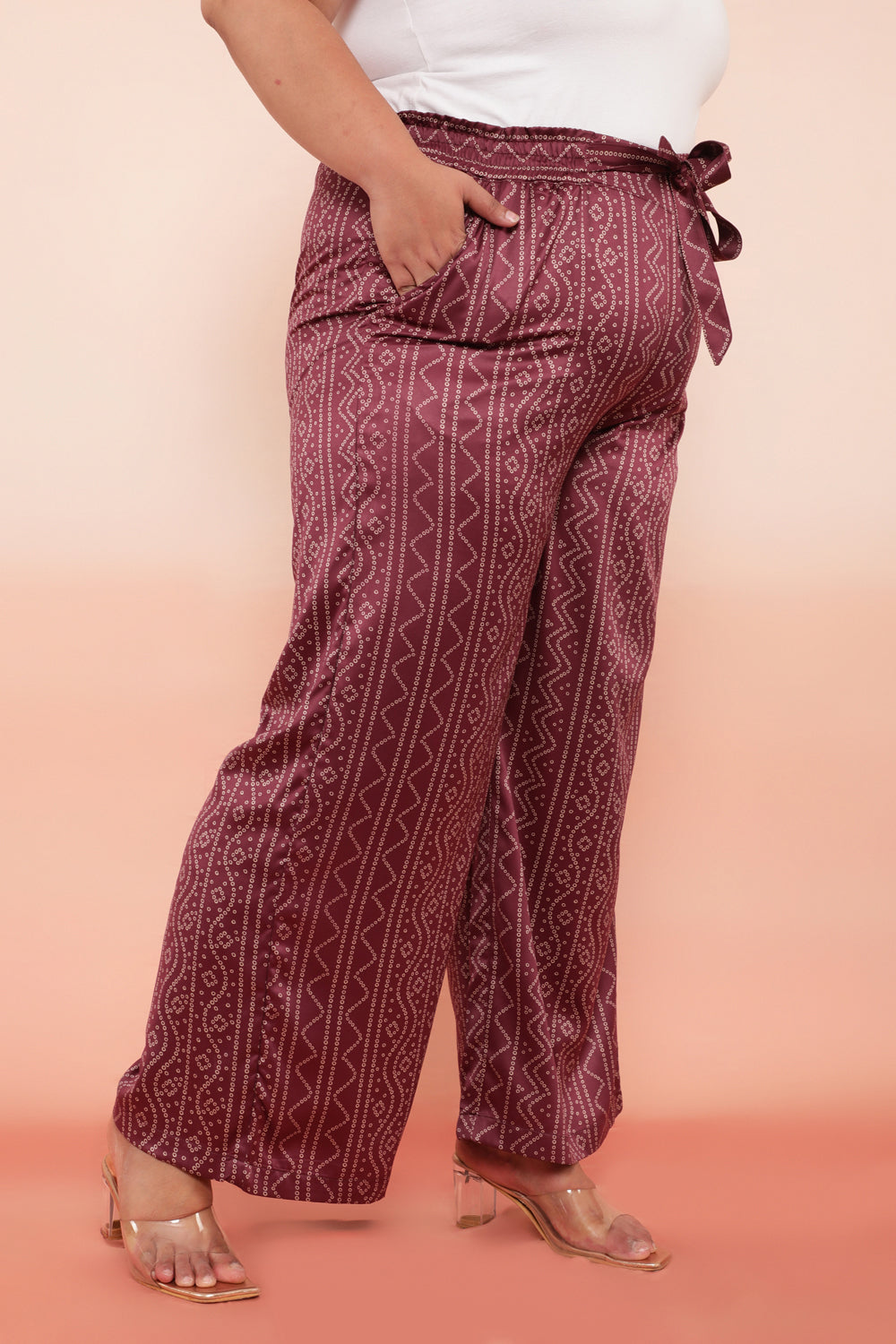 Comfortable Purple Bandhej Inspired High Waist Satin Pants