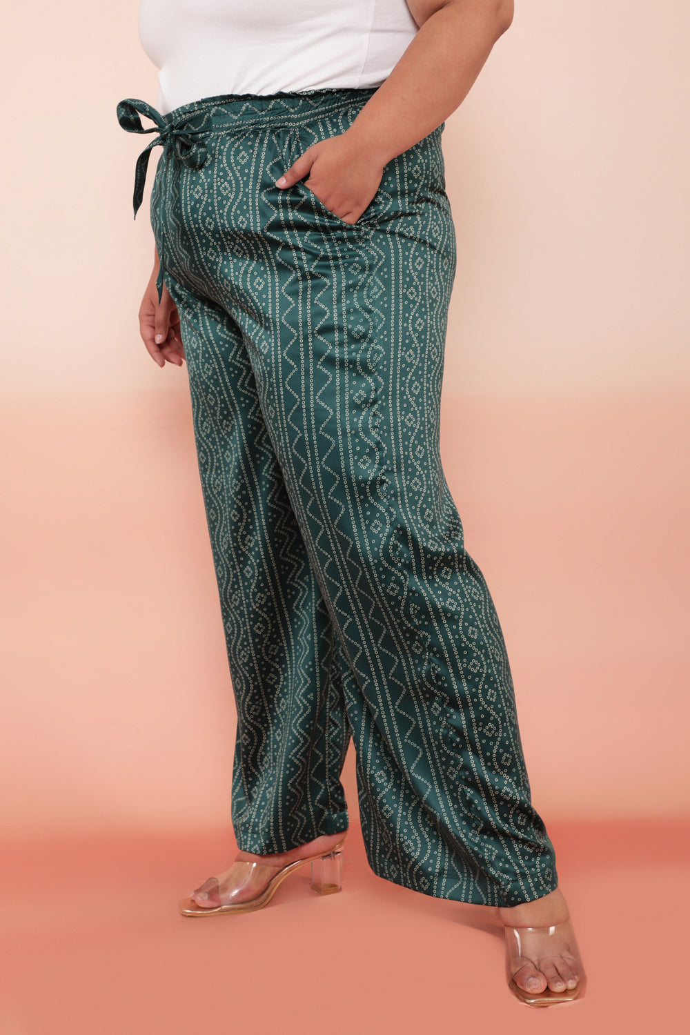 Plus Size Green Bandhej Inspired High Waist Satin Pants