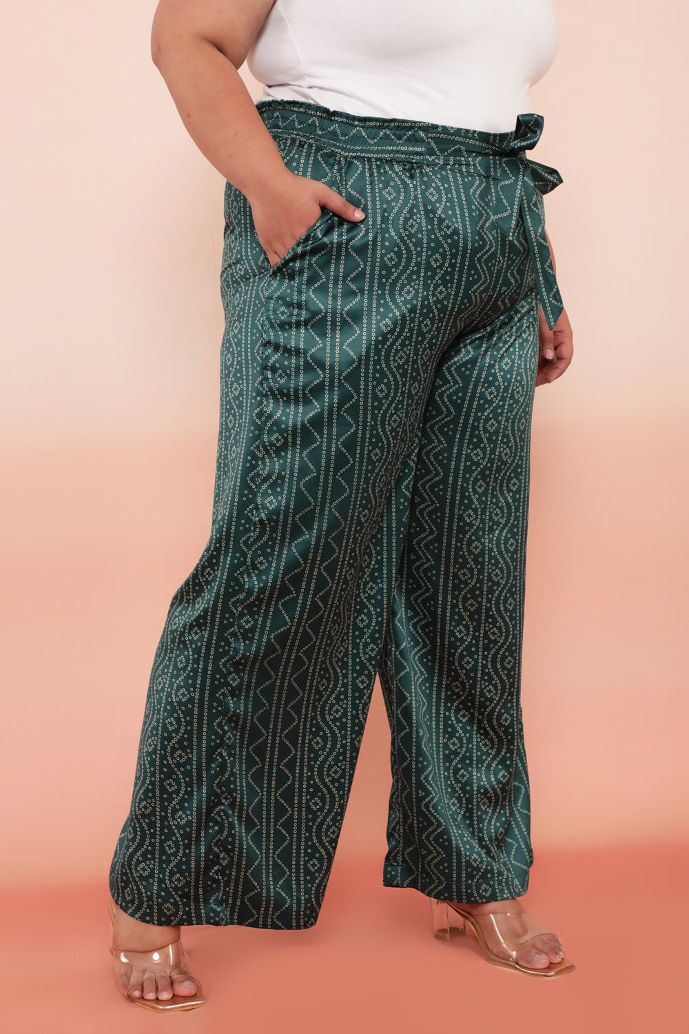 Green Bandhej Inspired High Waist Satin Pants