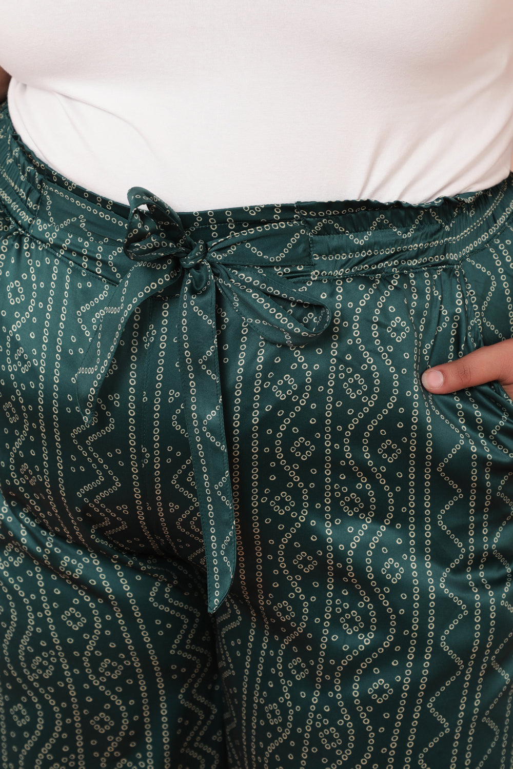 Comfortable Green Bandhej Inspired High Waist Satin Pants