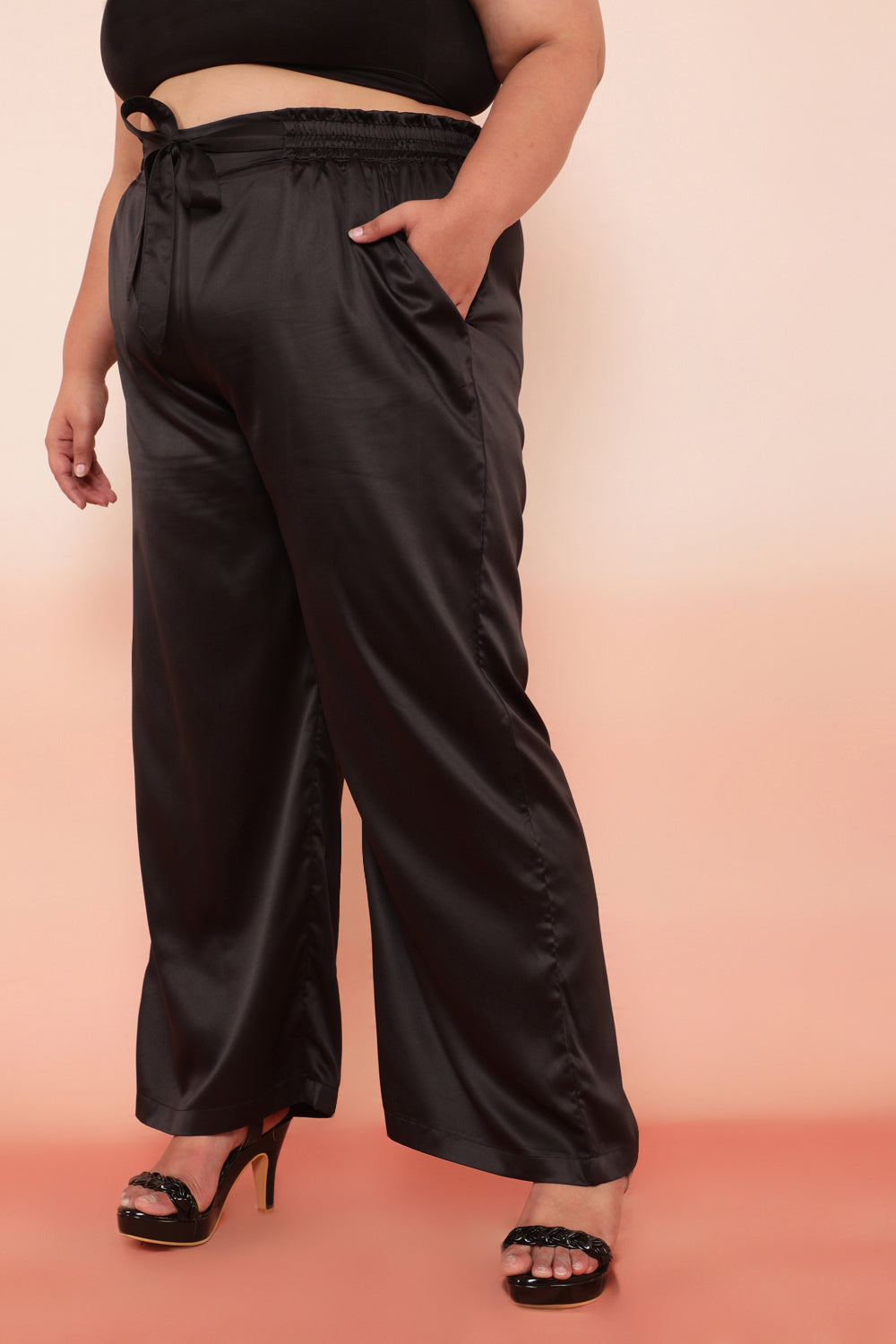 Black Solid Satin High Waist Pants for Women