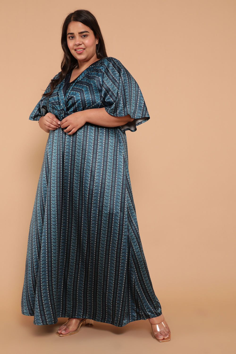 Plus Size Navy Printed Party Gown