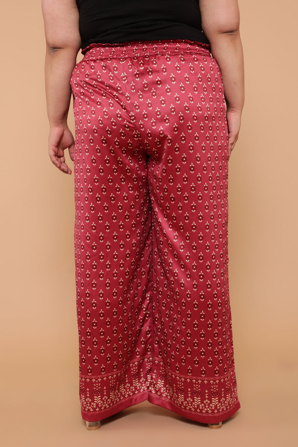 Comfortable Red Border Ethnic Print High Waist Satin Pants