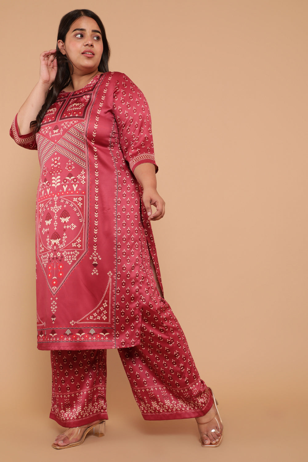 Red Centre Panel Print Party Wear Kurti