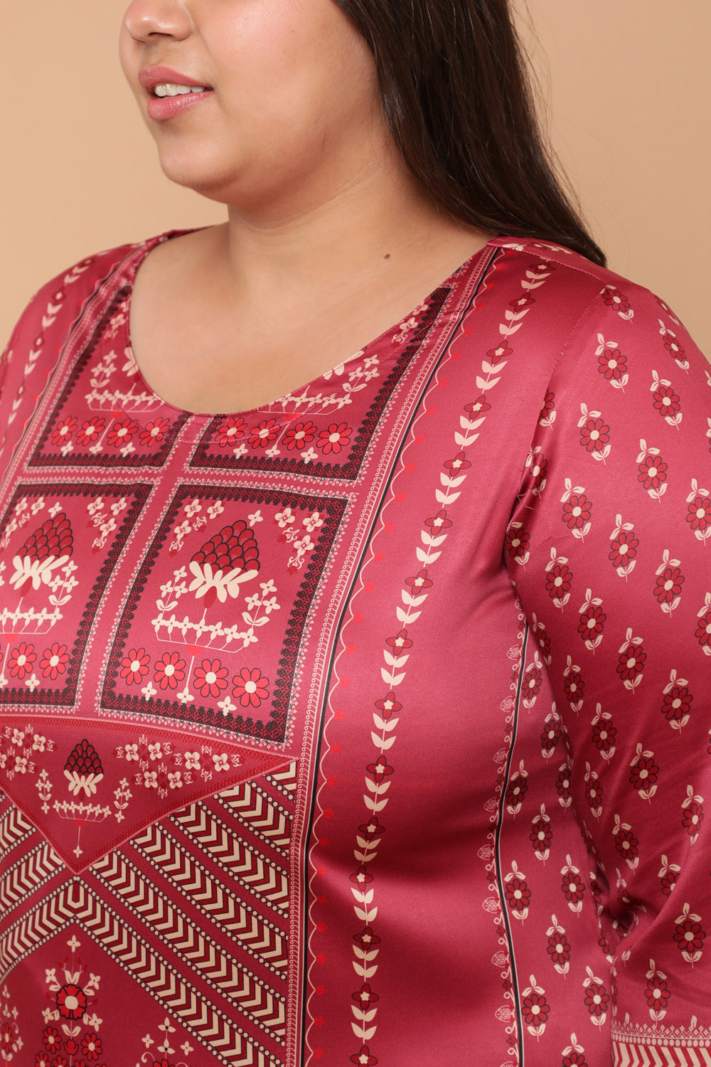 Red Centre Panel Print Party Wear Kurti for Women