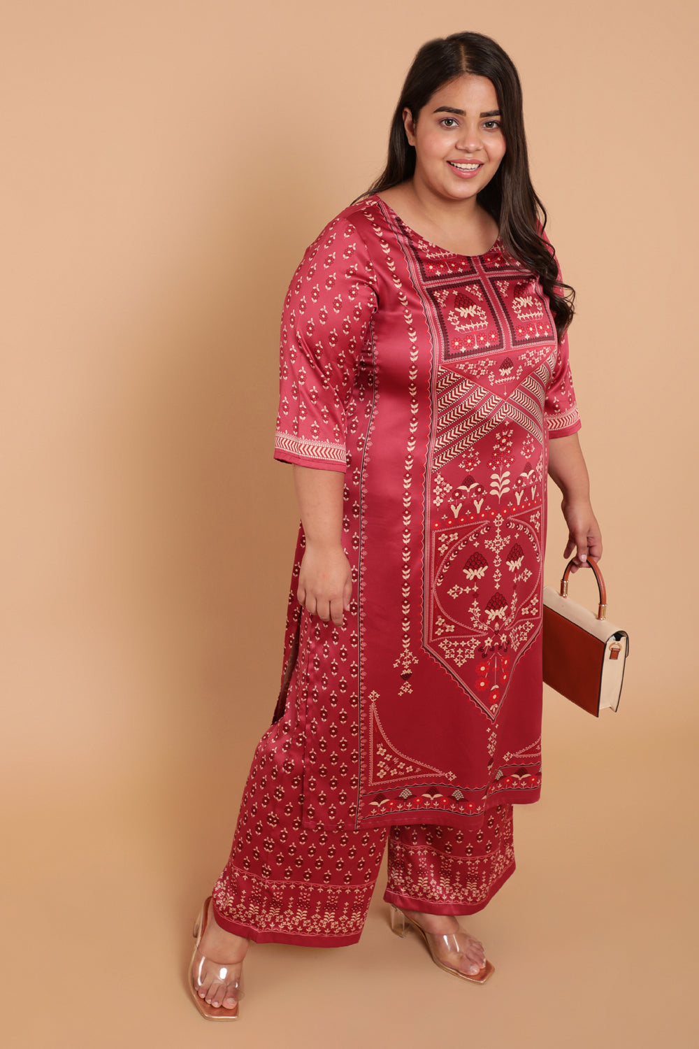 Red Centre Panel Print Party Wear Kurti