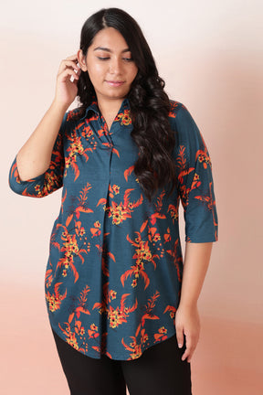 Teal Red Floral Centre Pleat Top