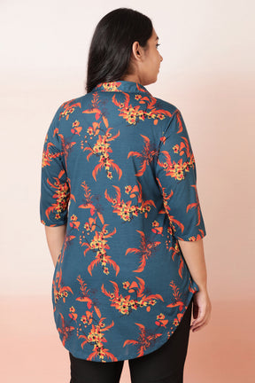 Teal Red Floral Centre Pleat Top